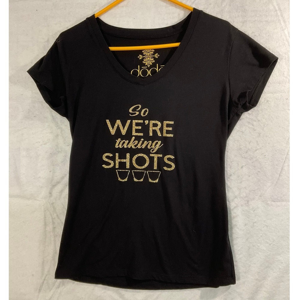 Dodo Graphic Tee Women XL Black So We're Taking Shots Glitter V-Neck Shirt